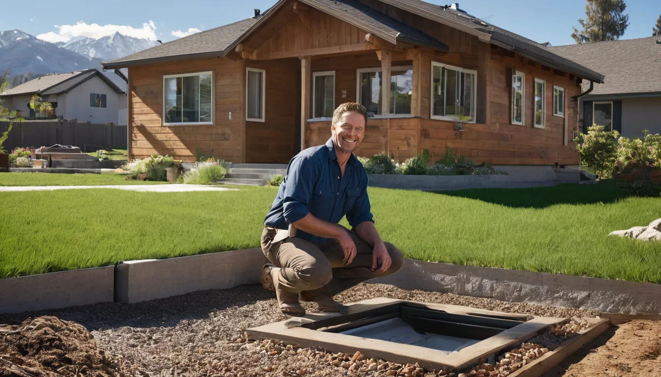 A local provider and a homeowner beside an open septic tank lid in a Farmington backyard